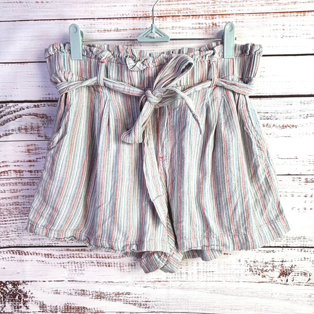 Boho Coastal Striped Paperbag Shorts American Eagle‎ Large Multi Cotton Linen